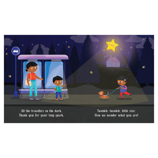 Illustration of children at a bus stop with a star above, featuring text about stars.