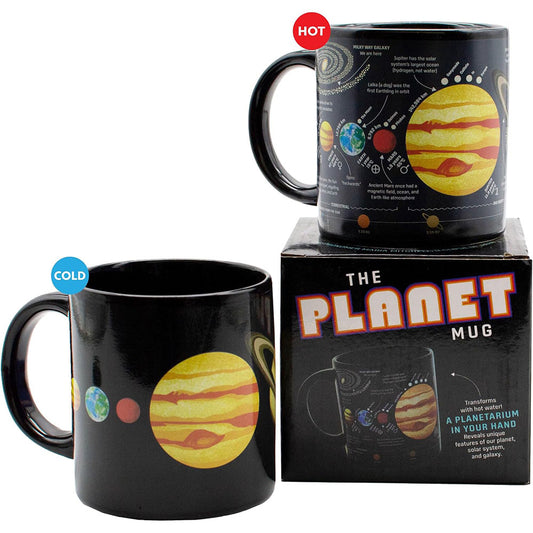 Black mug with solar system design and packaging labeled 'The Planet Mug' on a white background.