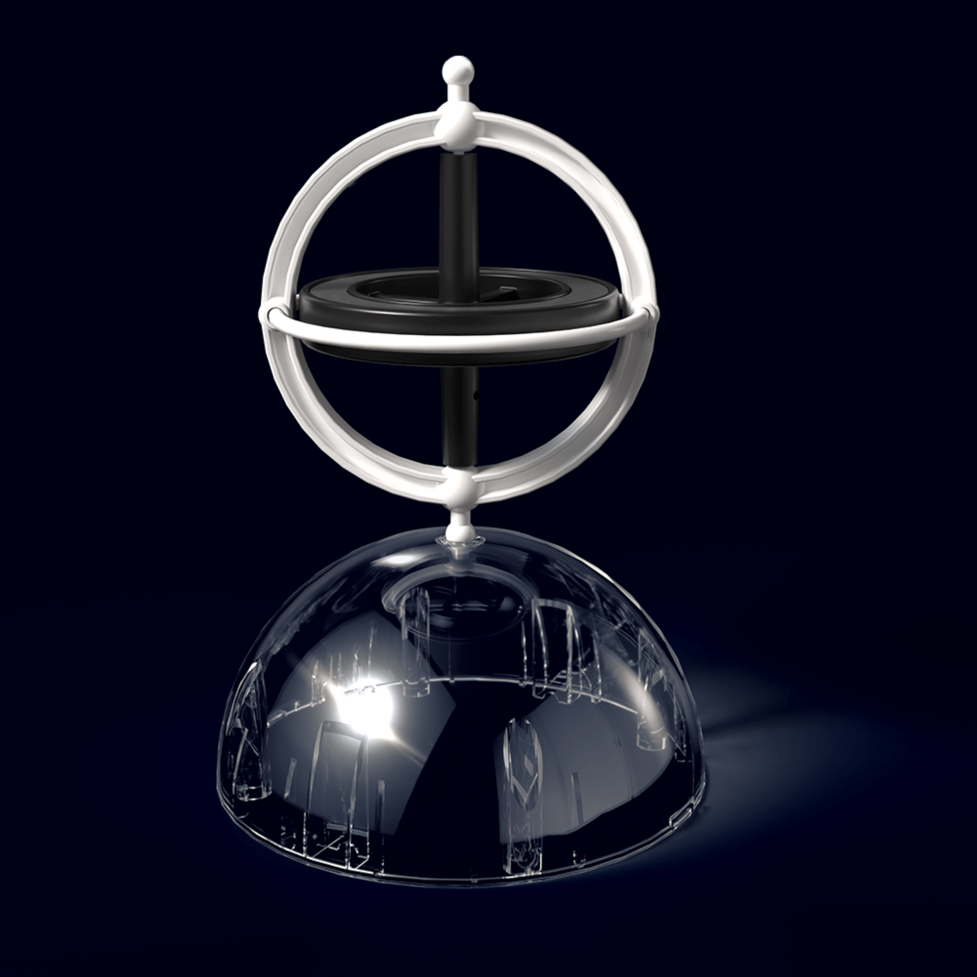 Black and silver armillary sphere on a reflective black surface with a dark background