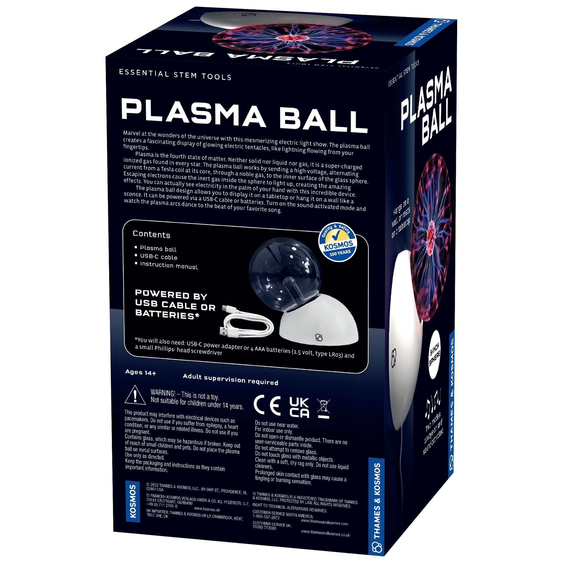 Box of a plasma ball product with text and images on a white background