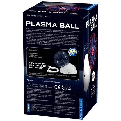 Box of a plasma ball product with text and images on a white background