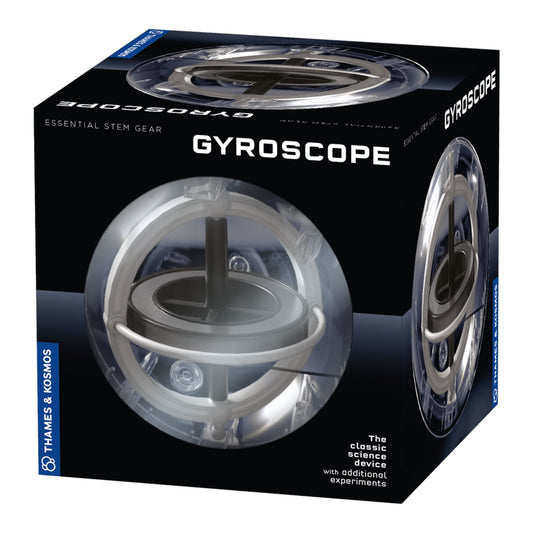 Gyroscope toy packaging with clear spinning top on black background