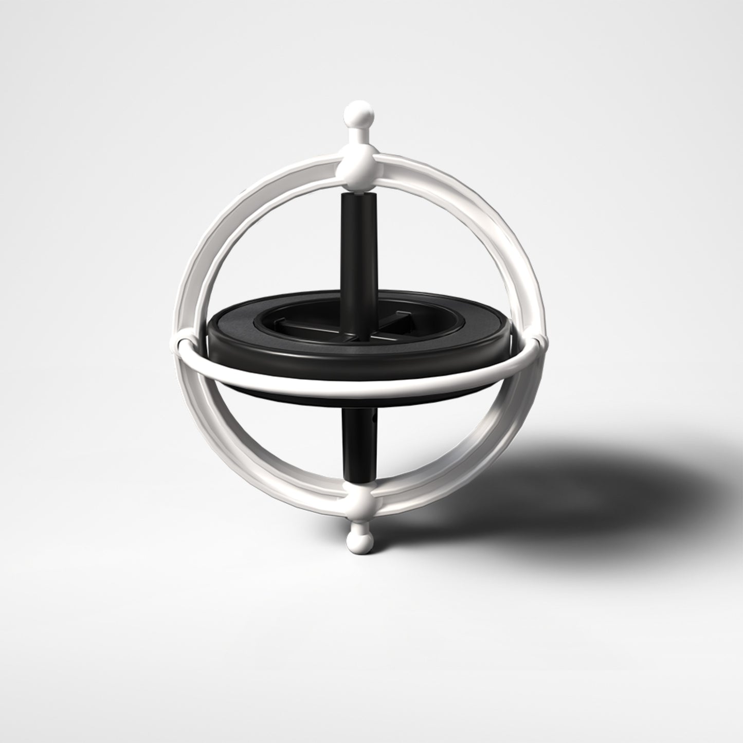 Black and white spherical object on a light gray background