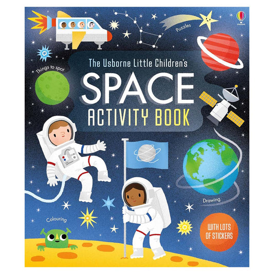 Space-themed activity book for children with astronauts, planets, and space-themed illustrations on a blue background.