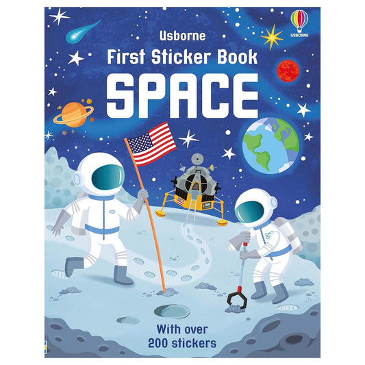 Usborne First Sticker Book Space with astronauts on the moon and space elements.