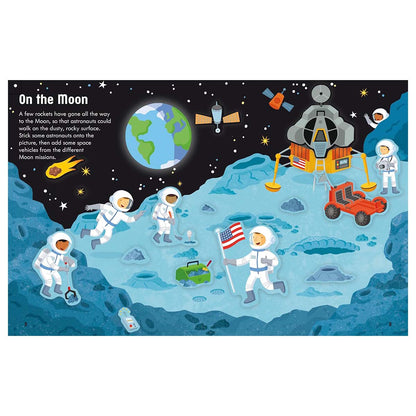 Illustration of astronauts on the moon with Earth in the background