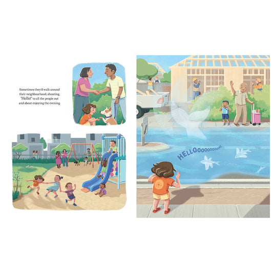Illustrated book pages showing children playing and interacting in a neighborhood setting.