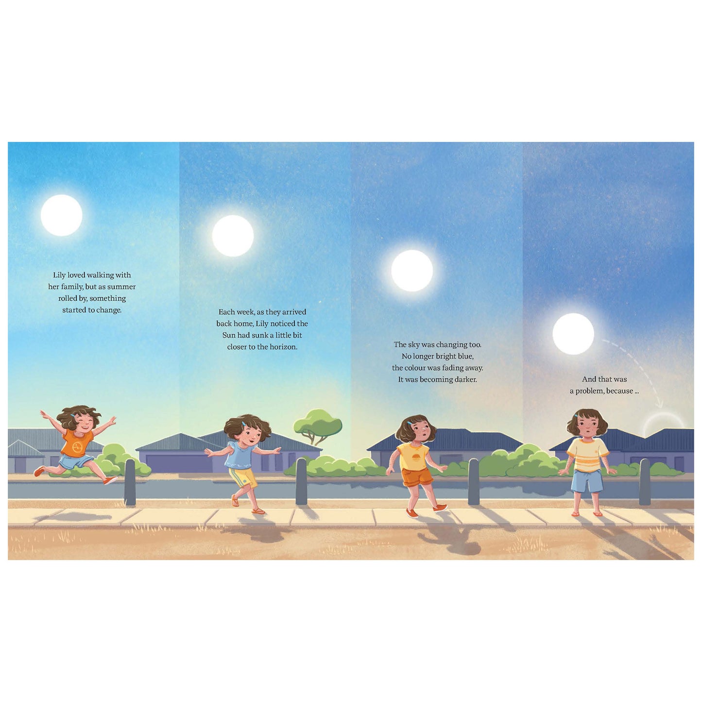 Illustrated book page with children playing on a sidewalk under a bright sun.