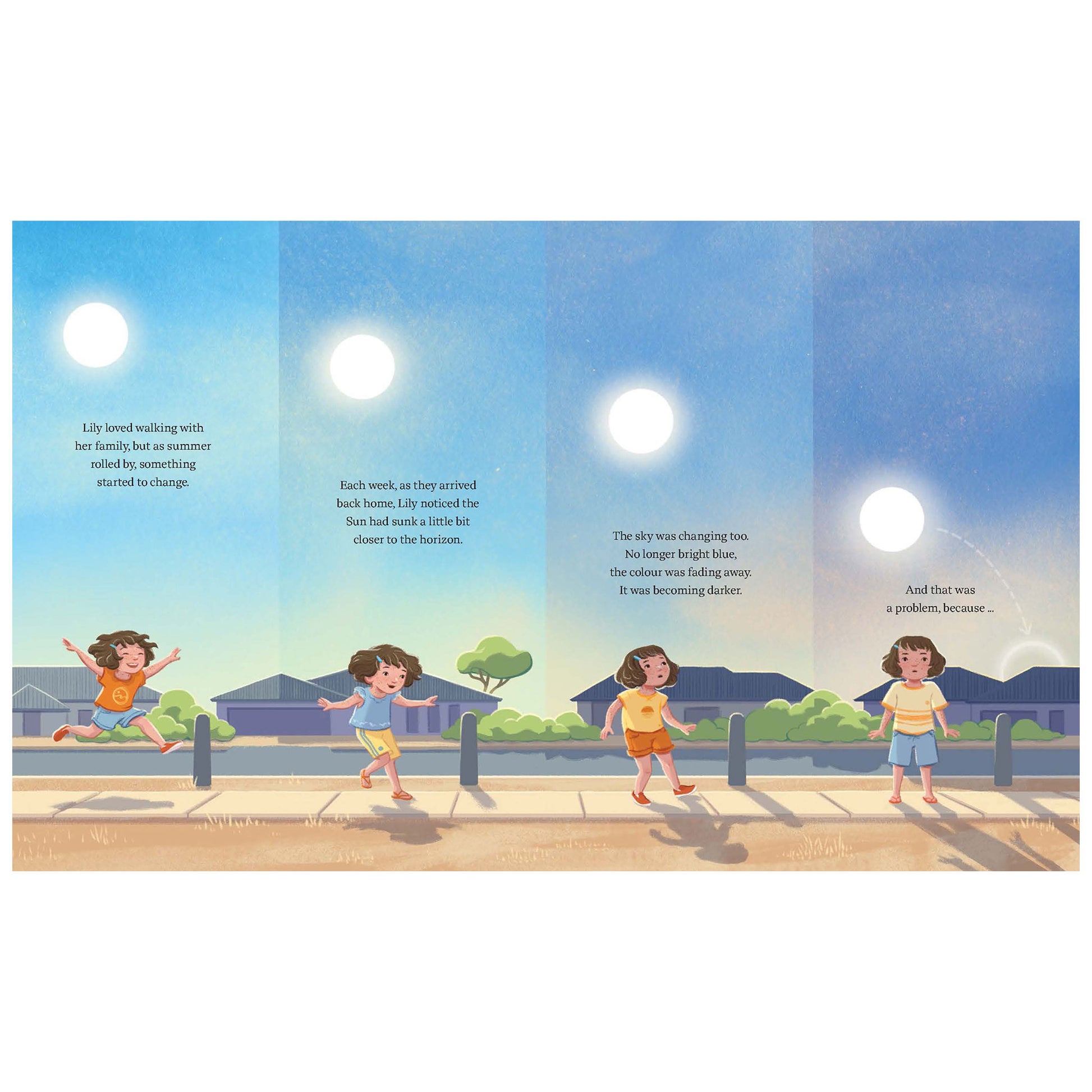 Illustrated book page with children playing on a sidewalk under a bright sun.