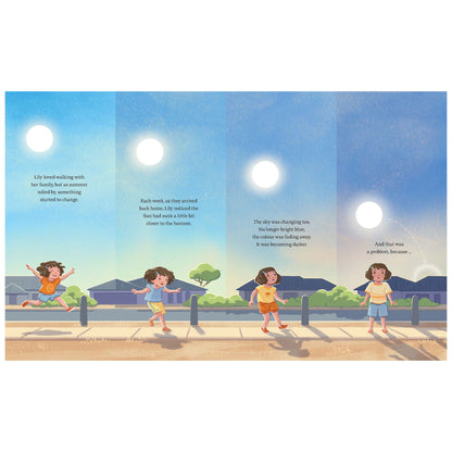 Illustrated book page with children playing on a sidewalk under a bright sun.