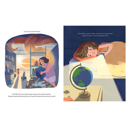 Illustrated book pages showing a child and an adult in a room with a globe and a window.