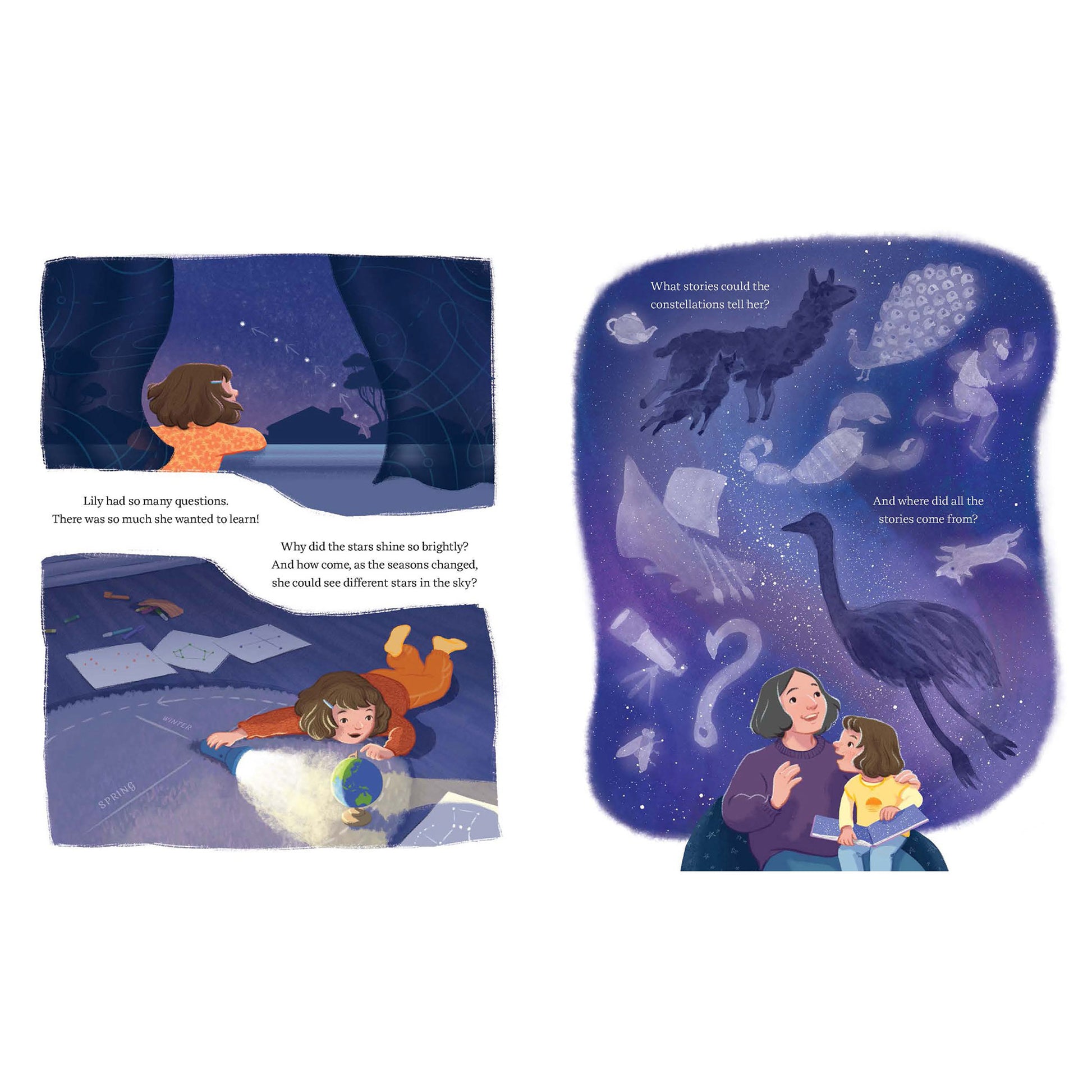 Illustrated book pages showing a child and adult looking at the stars with celestial illustrations.
