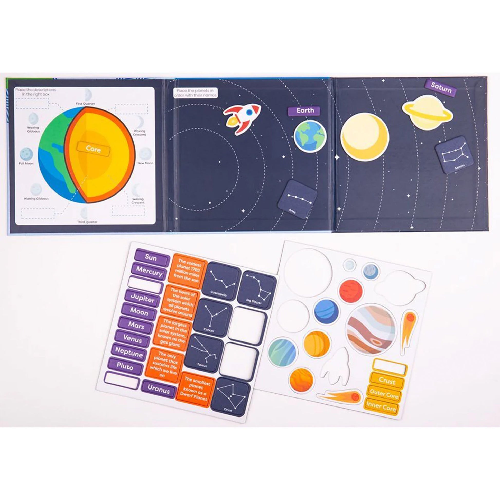 Educational solar system book with stickers and chart on a white background