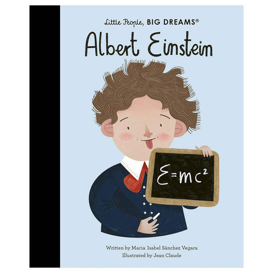 Book cover of 'Little People, BIG DREAMS: Albert Einstein' with an illustration of a child holding a chalkboard with E=mc².