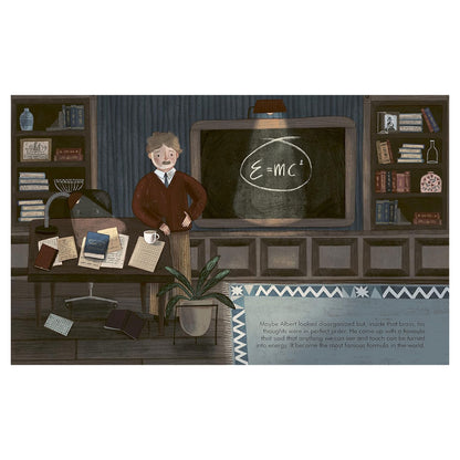 Illustration of a person standing in front of a blackboard with E=mc² equation, in a room with books and a plant.