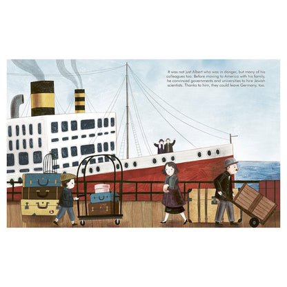 Illustration of people with luggage on a dock with a large ship in the background