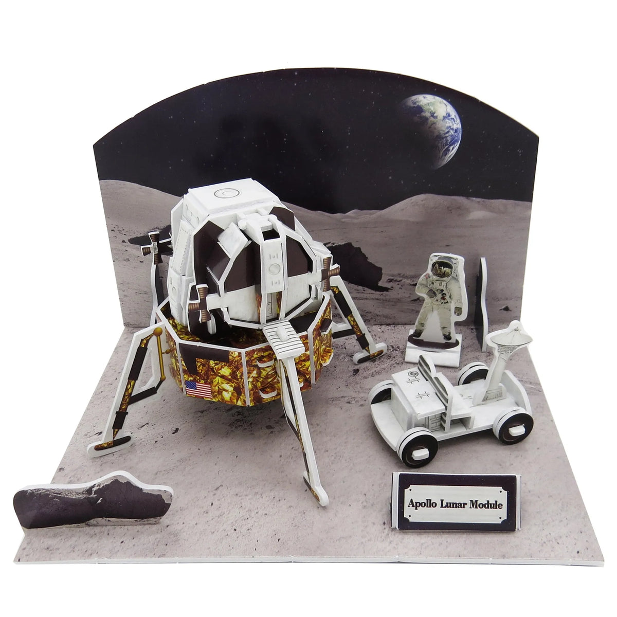 Model of Apollo Lunar Module on a lunar surface with astronaut figure and Earth in the background