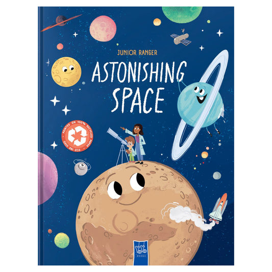Book cover of 'Astonishing Space' with space-themed illustrations and text.