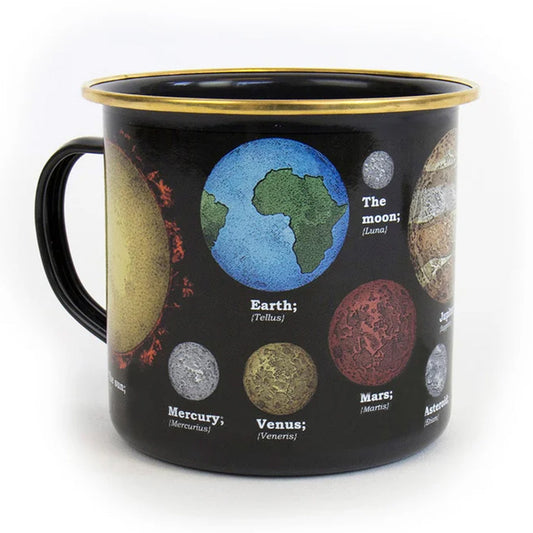 Black mug with solar system design featuring planets and their names on a white background
