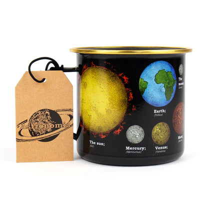 Enamel mug with solar system design and 'Astronomiks' tag on a white background
