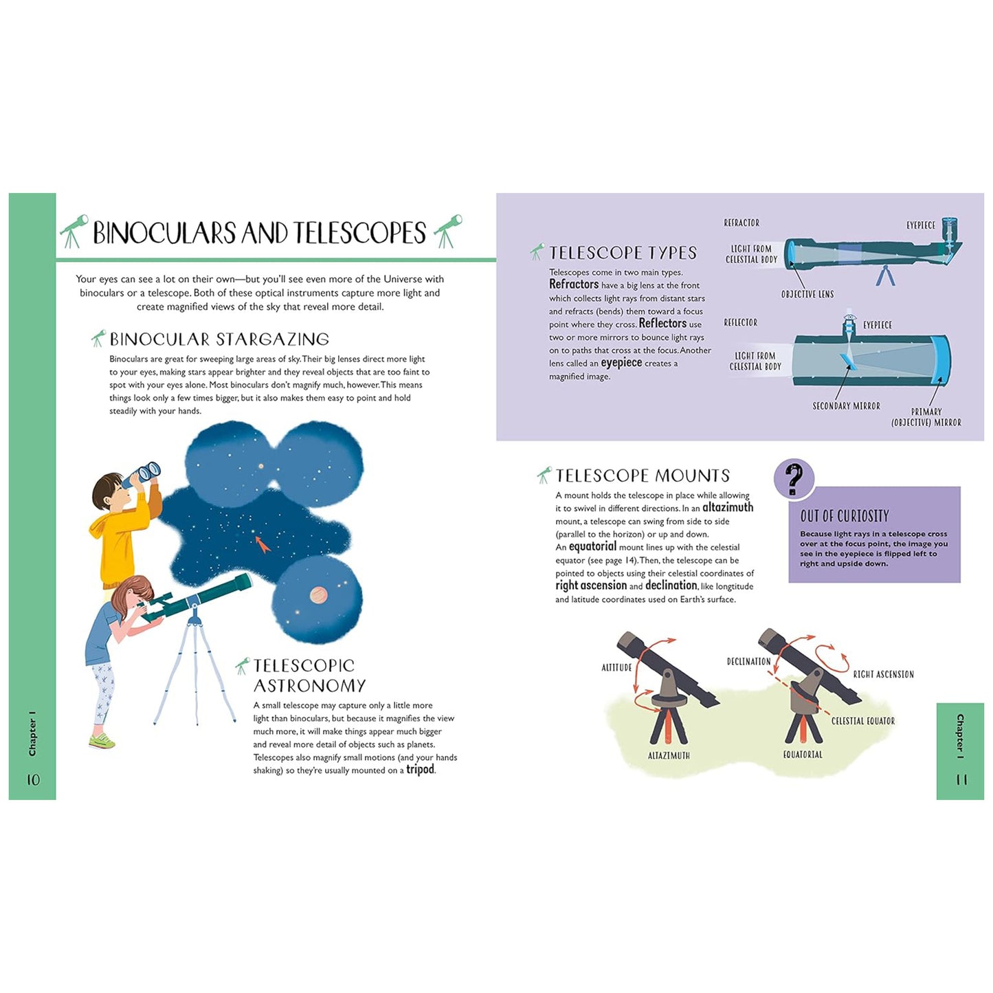 Educational page about binoculars and telescopes with illustrations and text.