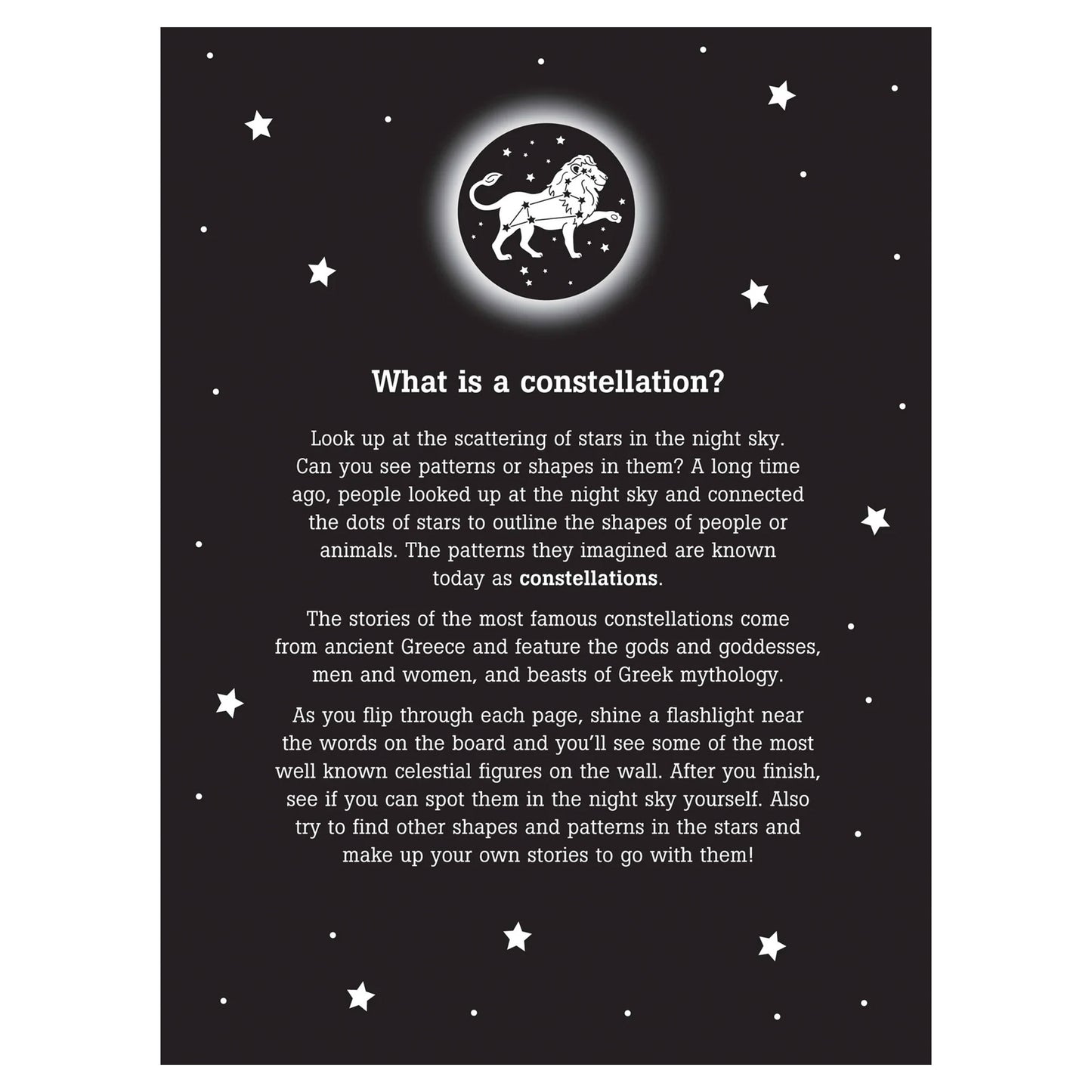 Educational poster about constellations with a diagram of the constellation Leo and text explaining what constellations are.