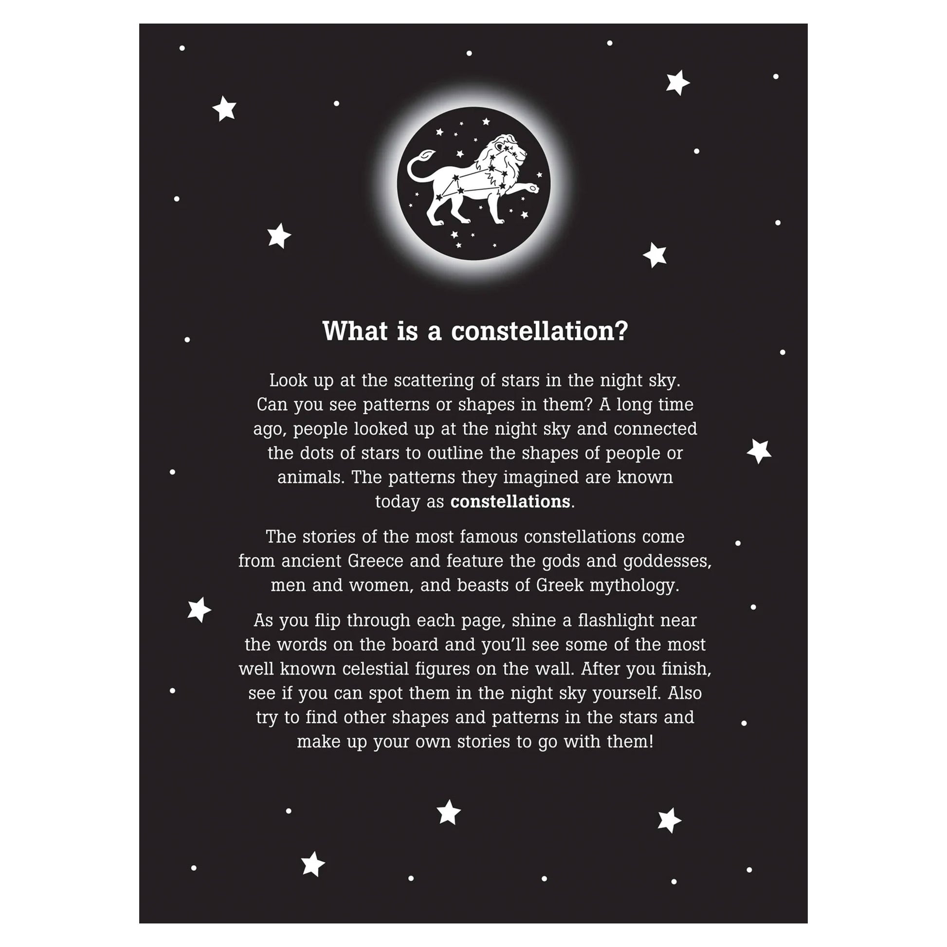Educational poster about constellations with a diagram of the constellation Leo and text explaining what constellations are.