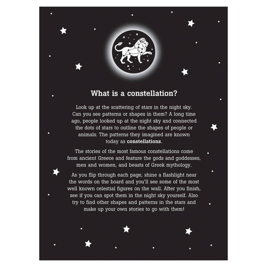 Educational poster about constellations with a diagram of the constellation Leo and text explaining what constellations are.