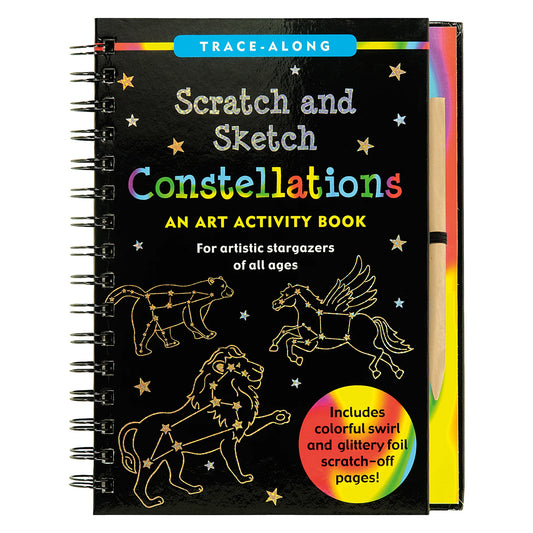 Scratch and Sketch Constellations activity book with constellations on a black background