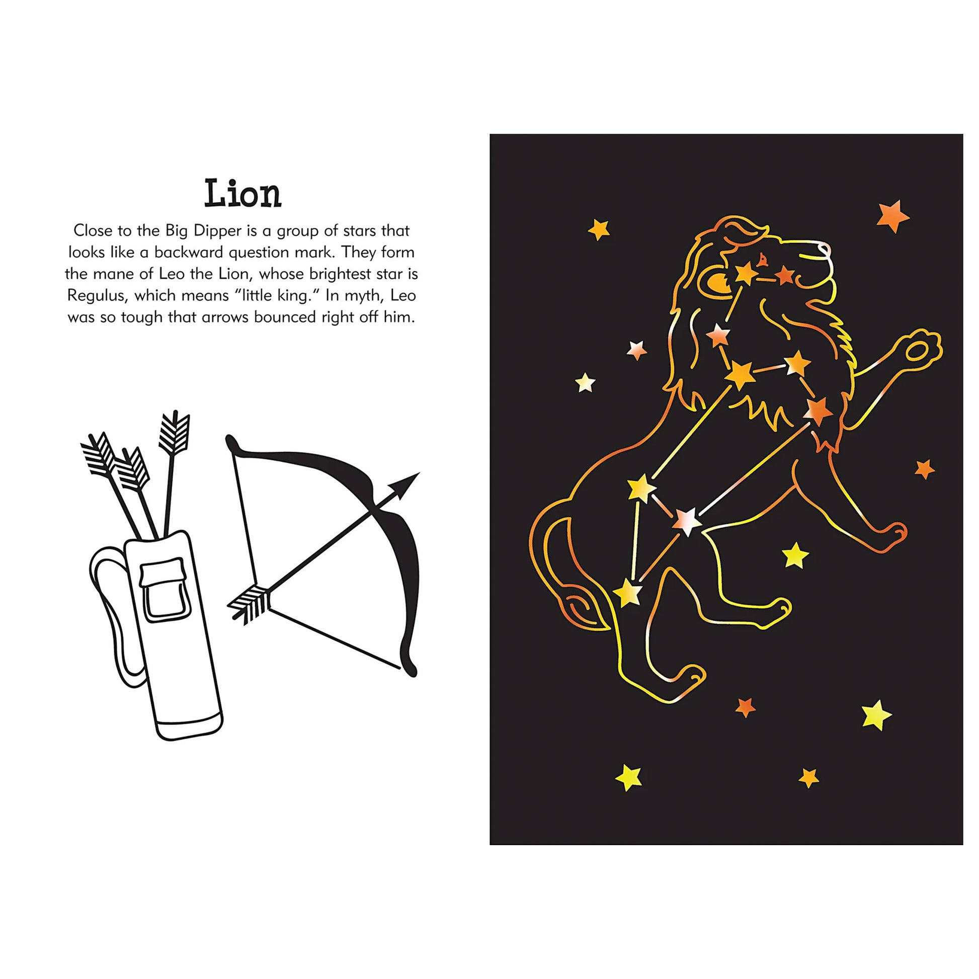 Illustration of a constellation diagram for Leo the Lion with text and archery symbols on a white background.