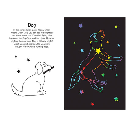 Illustration of a dog constellation with text on a black background