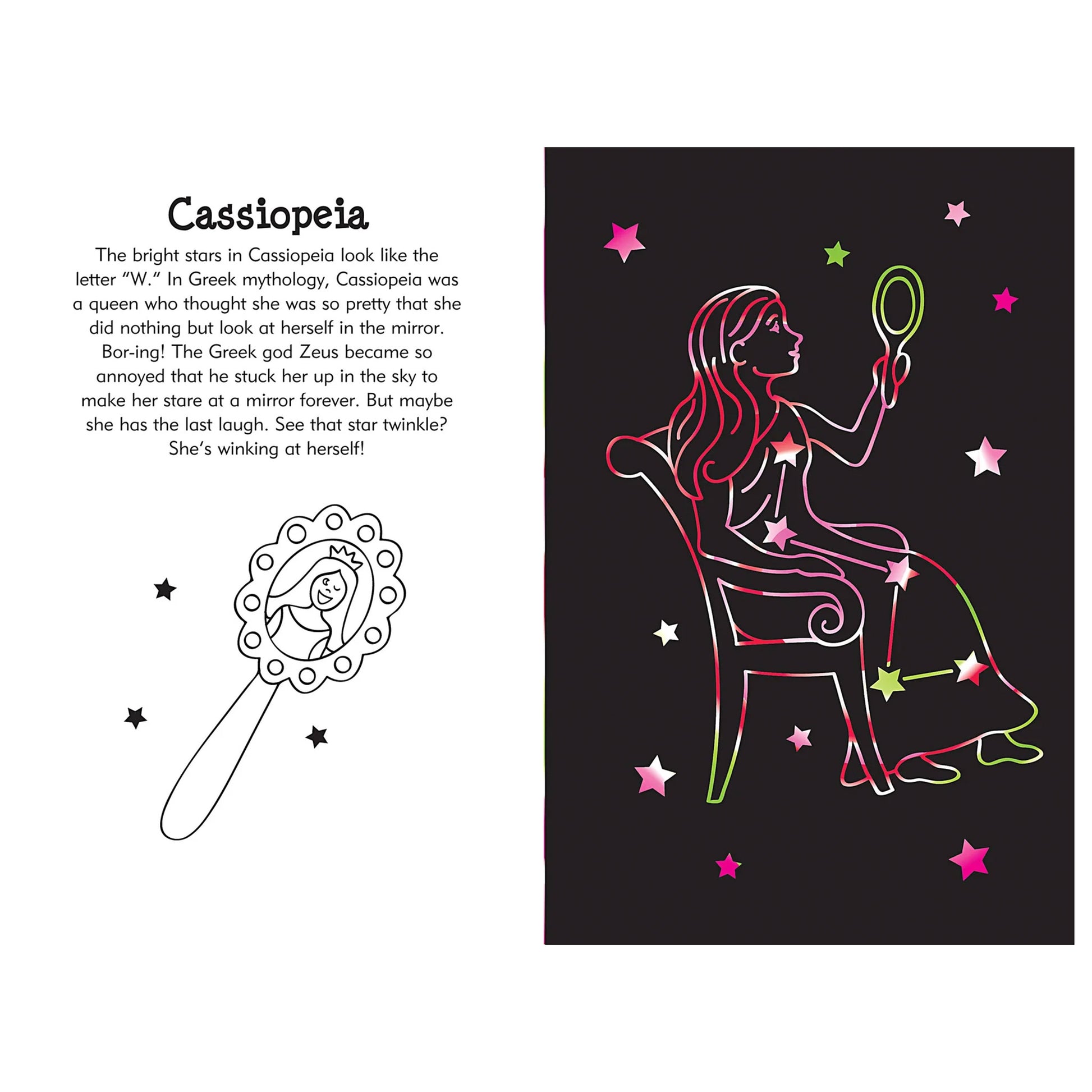 Illustration of Cassiopeia constellation with stars and text on a black background