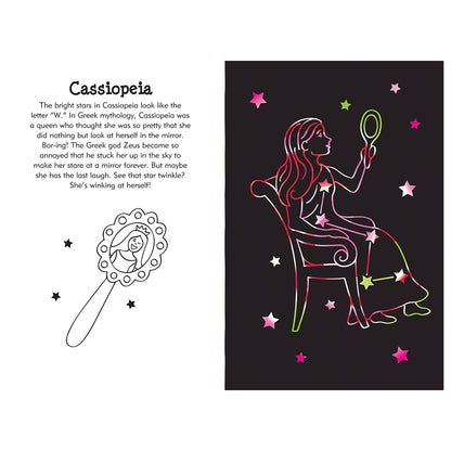 Illustration of Cassiopeia constellation with stars and text on a black background