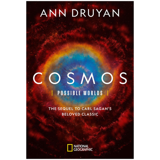Book cover of 'Cosmos: Possible Worlds' by Ann Druyan with a cosmic background.