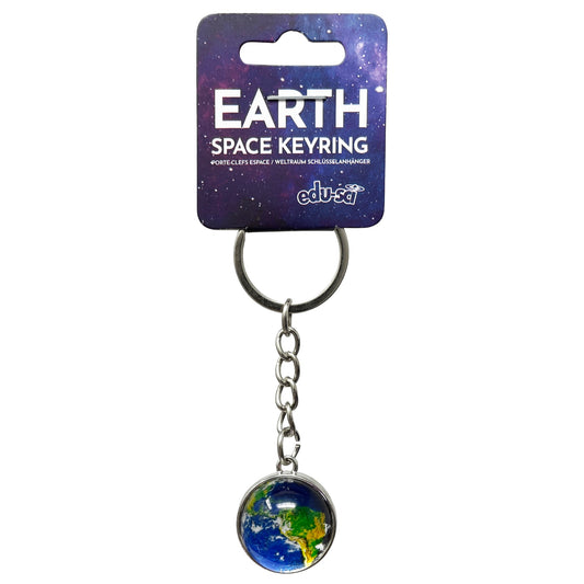 An Earth Space Keyring by Edu-sci, featuring an globe-shaped charm with a detailed Earth design, attached to a silver metal ring and hanging from a purple space-themed retail card.
