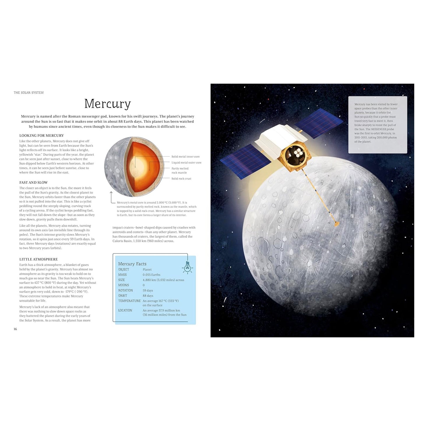 Illustration of a spacecraft on Mercury with educational text about the planet.