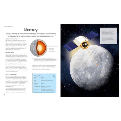 Illustration of a spacecraft on Mercury with educational text about the planet.