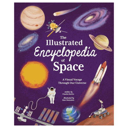 Book cover of 'The Illustrated Encyclopedia of Space' with space-themed illustrations on a purple background.
