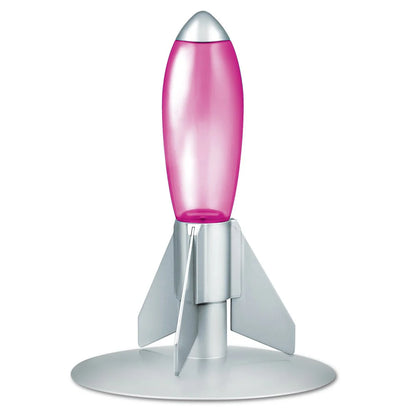 Pink and silver rocket-shaped object on a white background