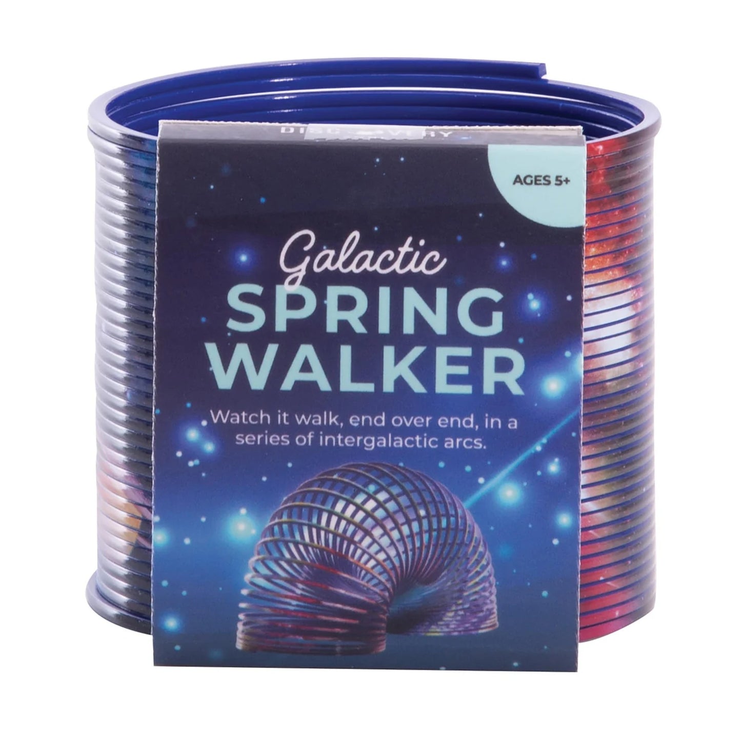 Packaged 'Galactic Spring Walker' toy with blue and purple packaging on a white background