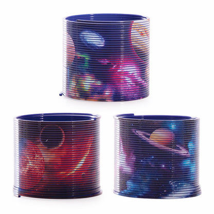 Three cylindrical containers with space-themed designs on a white background