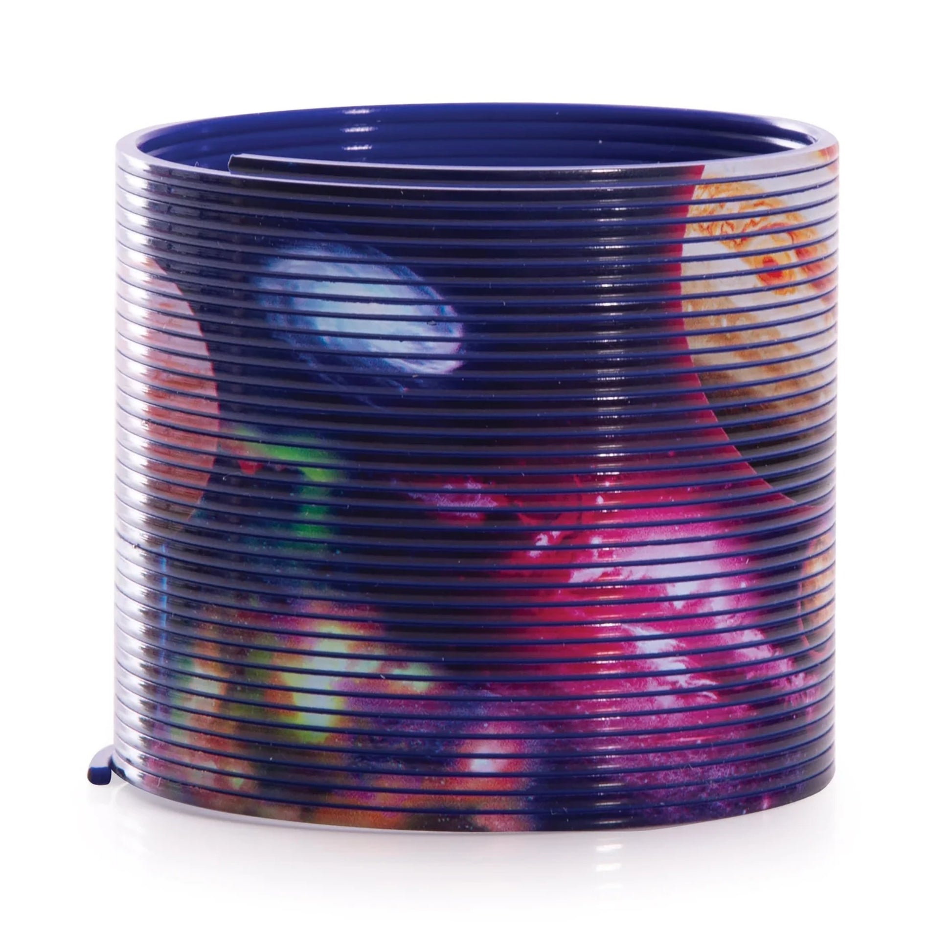 Colorful cylindrical container with a multicolored design on a white background