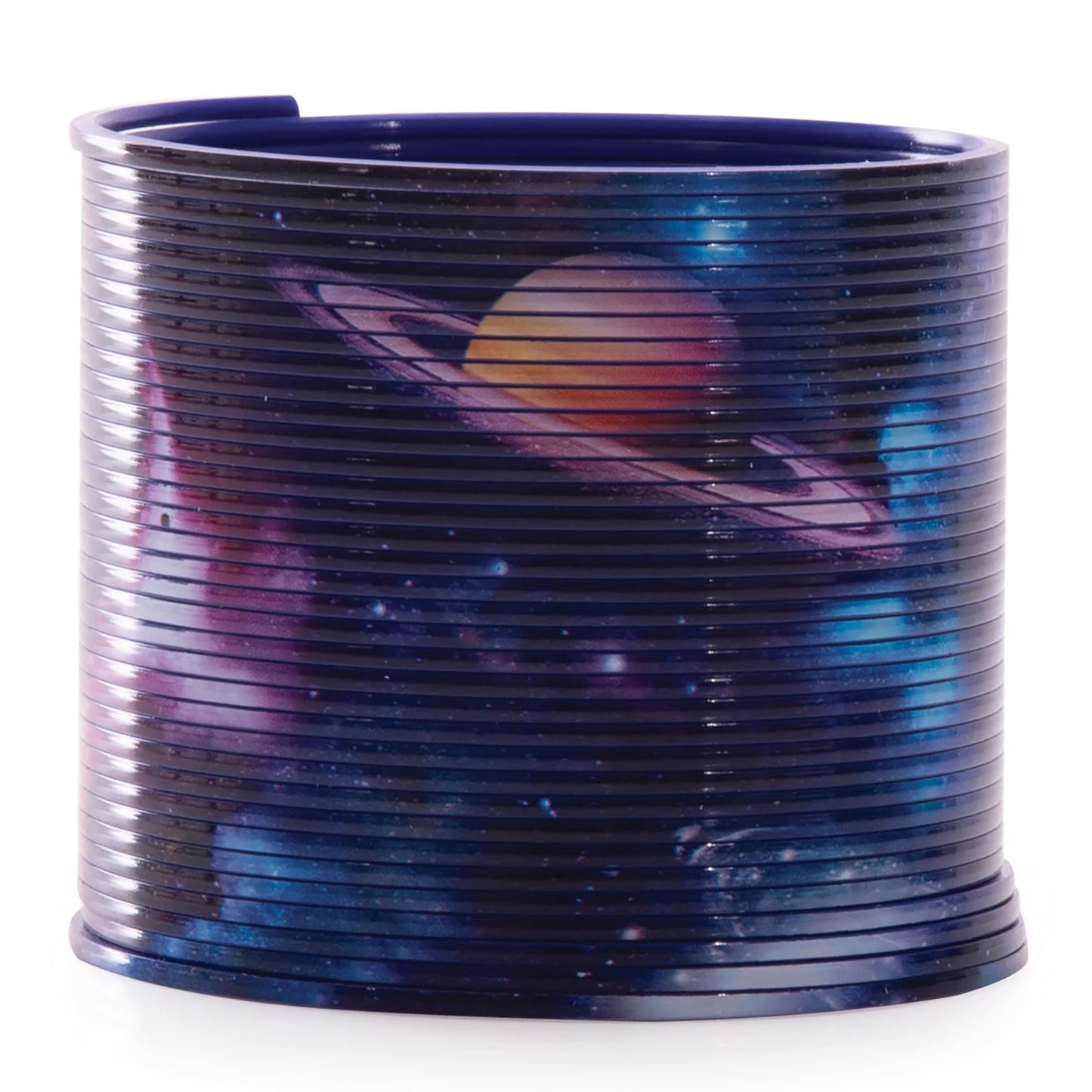 Cosmic-themed cylindrical container with Saturn design on a white background