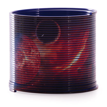 Clear cylindrical container with colorful design on a white background