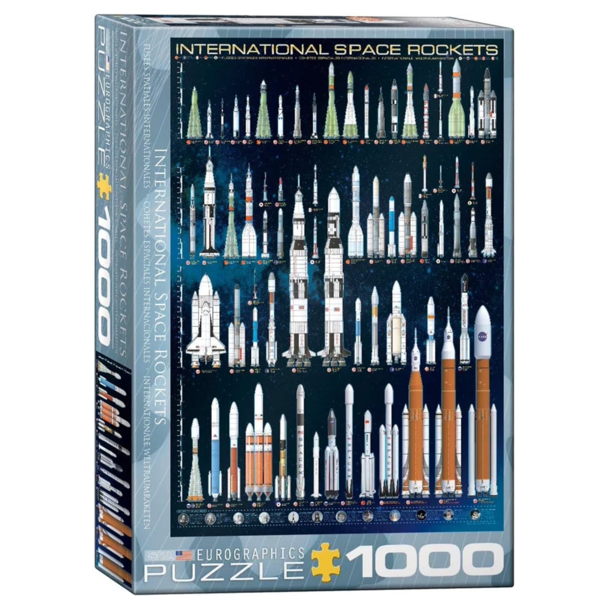 Puzzle box featuring illustrations of international space rockets with Eurographics branding.