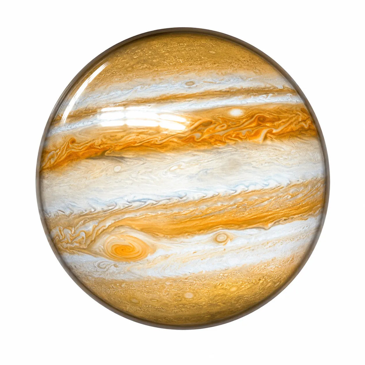 A round glass magnet featuring a detailed print of Jupiter's swirling bands in orange, white, and brown, isolated on a white background.