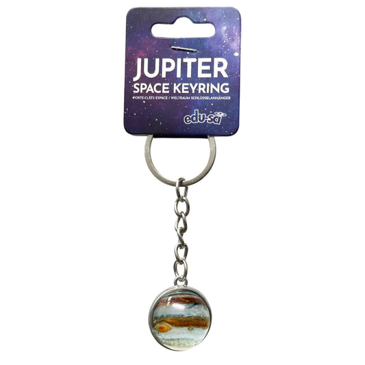 A Jupiter space keyring on its original retail card packaging. The keyring features a silver metal split ring and chain with a clear glass dome charm depicting a detailed view of the planet Jupiter.