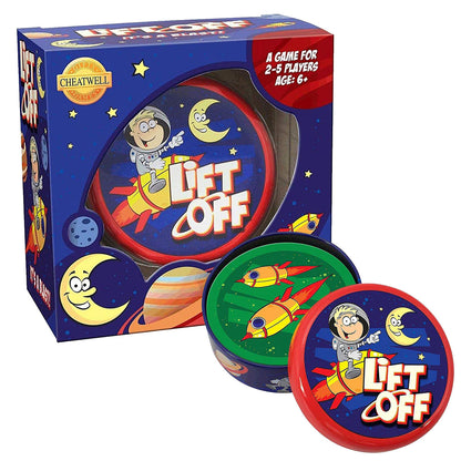 Board game packaging for 'Lift Off' with space-themed design and astronaut illustration.