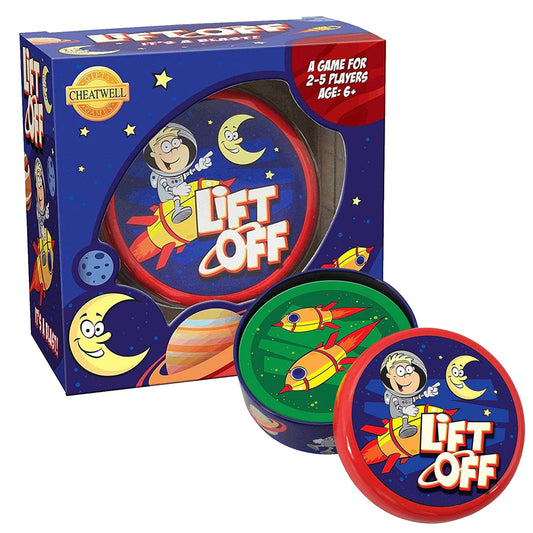 Board game packaging for 'Lift Off' with space-themed design and astronaut illustration.