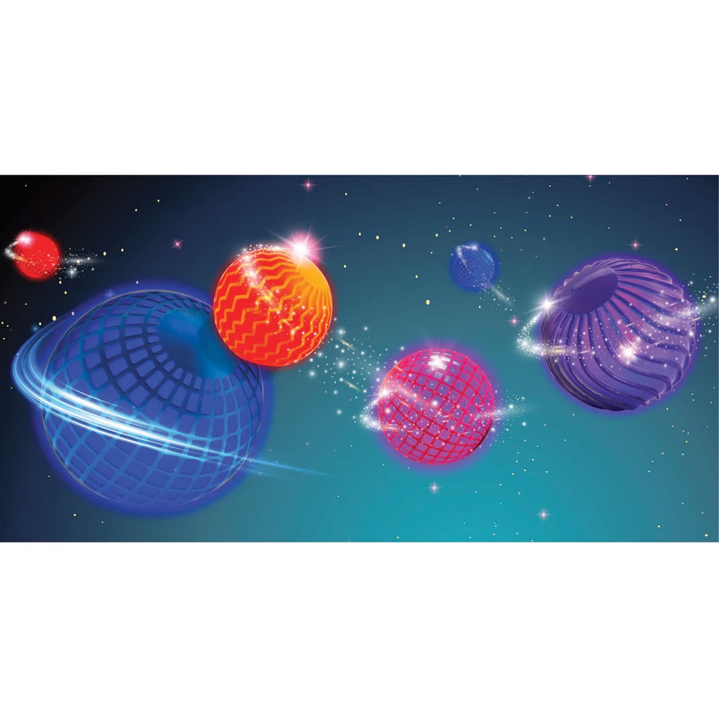 Colorful space-themed objects on a dark blue background